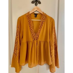 Forever 21 Mustard Embroidered Bell Sleeve Top
